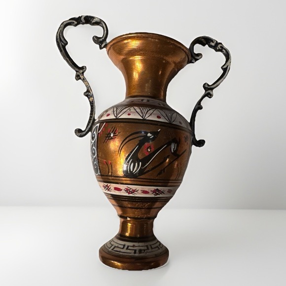 Vintage Hand Engraved Copper Greek Amphora Vase Made in Greece Twin Handle 6" - Picture 2 of 8